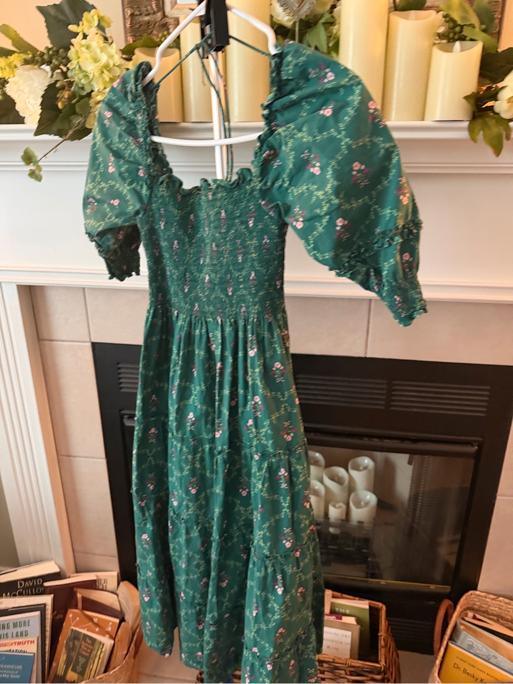 Hill House Green Floral Puff-Sleeve Dress